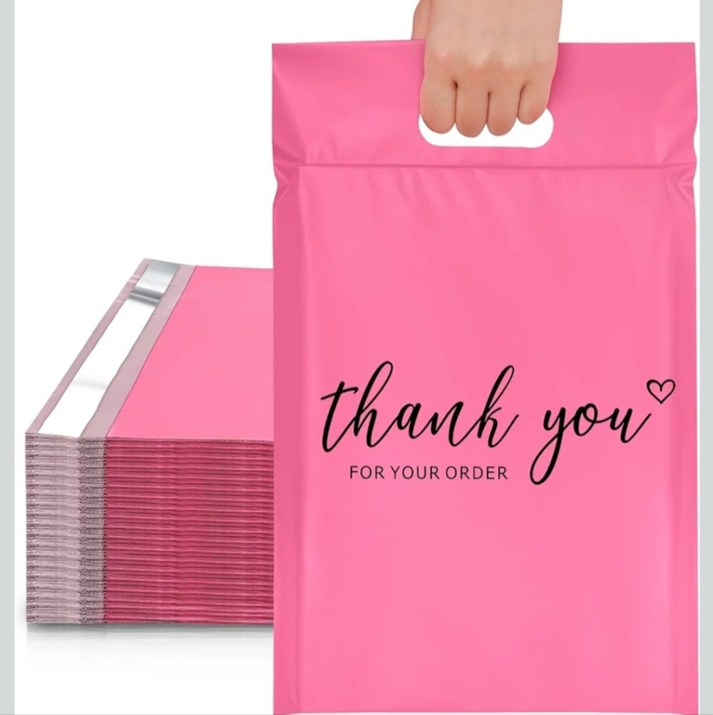 'Thank you for your order' pink poly mailer with handle